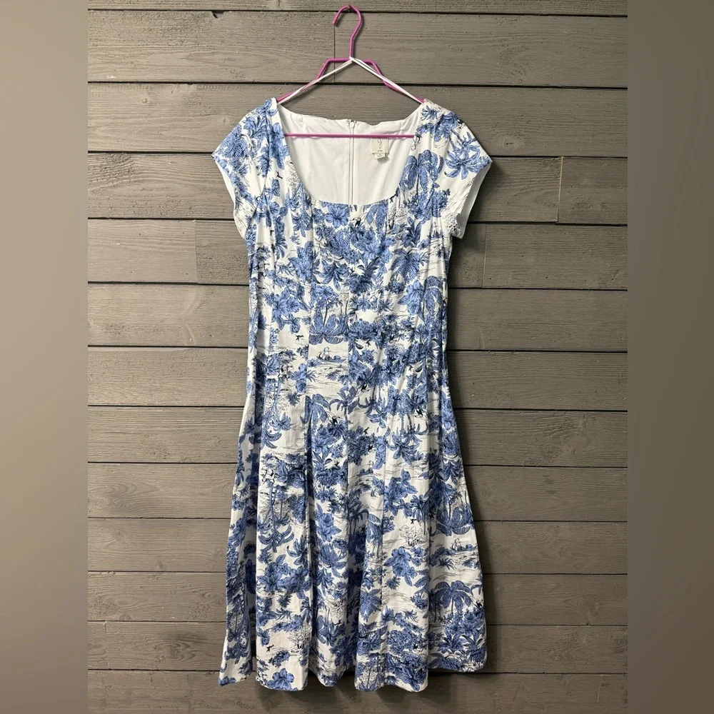 NWOT Joie White Blue Hawaiian Print Cap Sleeve Fit & Flare Midi Dress Sz 4 - Picture 2 of 14